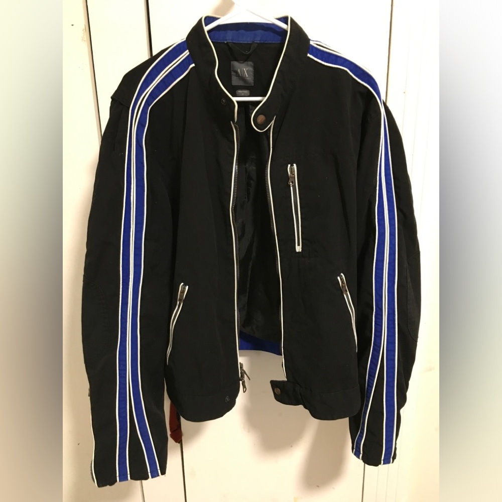 Armani Exchange Black Bomber Jacket with Blue Stripes